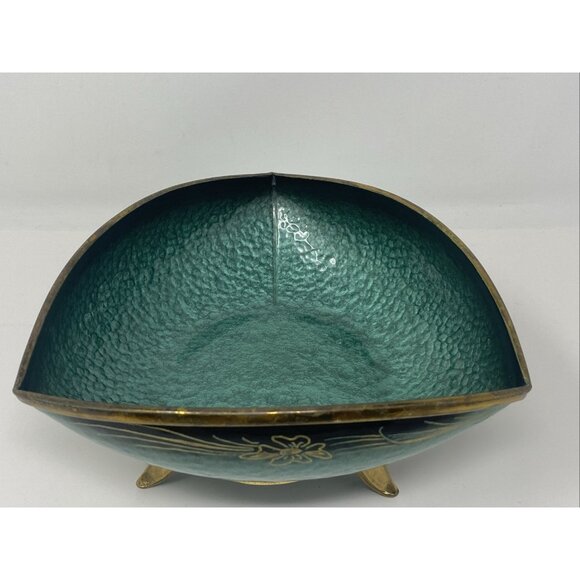 Vintage MCM Oppenheim Teal Green Enamel Triangular Footed Bowl Gold Brass Israel - Picture 3 of 9